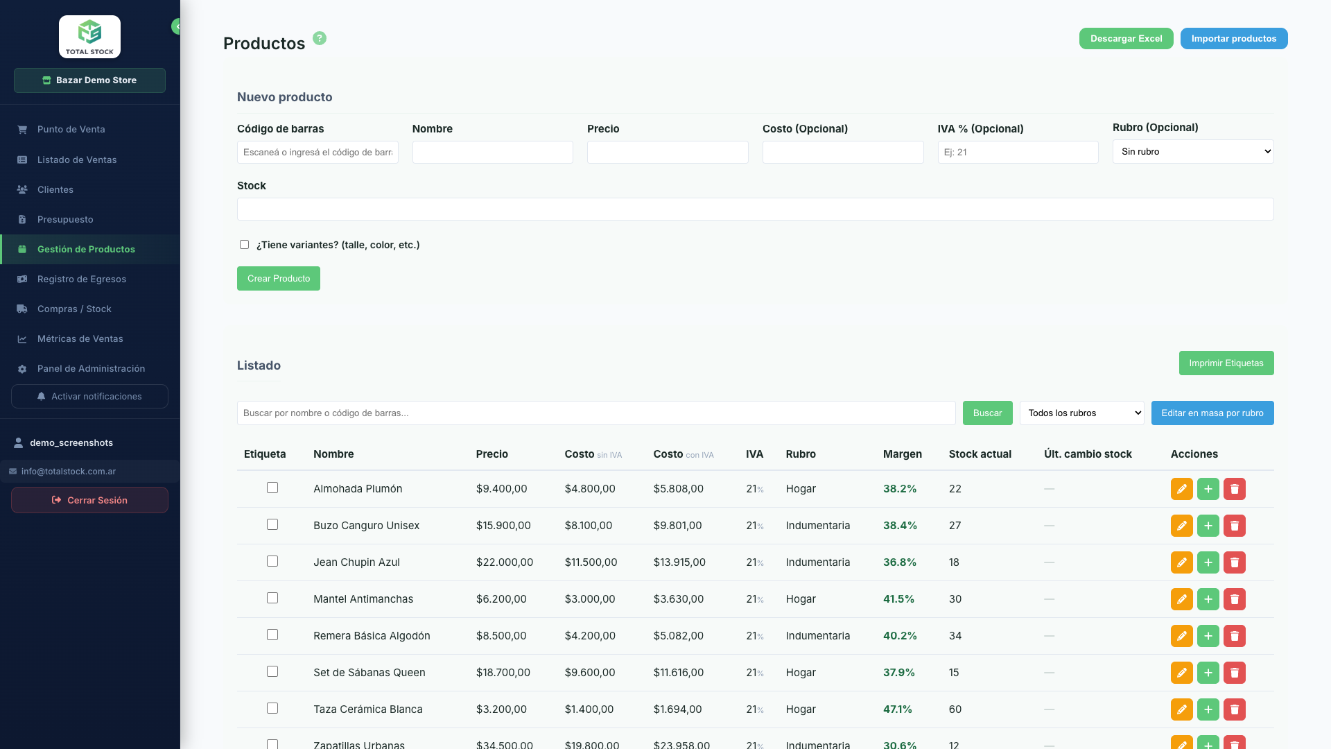 Pantalla de Gestión de Productos en Total Stock, sistema de gestión para comercios