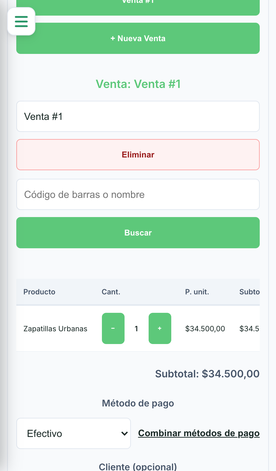 Punto de Venta de Total Stock funcionando en la pantalla de un celular